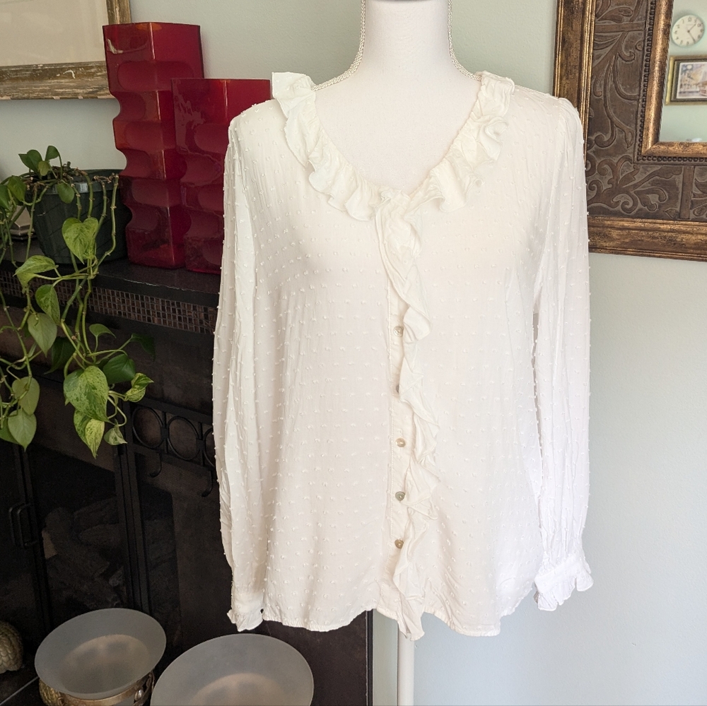 Sundance Women's Large White  Ruffle Trim Swiss Dot Button Front Blouse Top 130